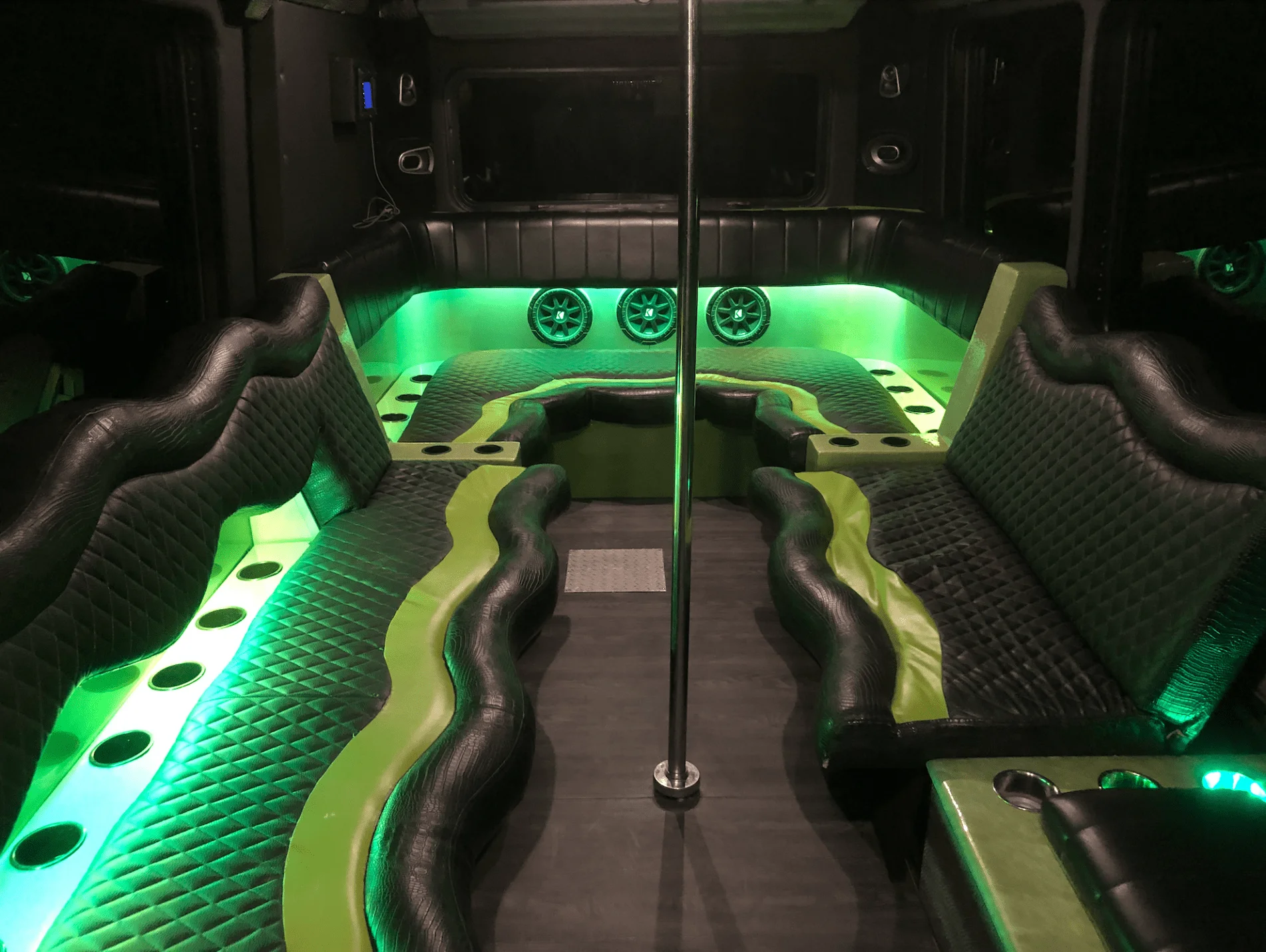 Dragon 16 passenger party bus green interior Austin TX